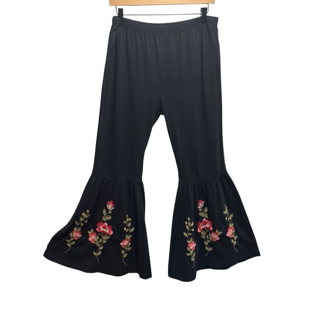 April Cornell Bell Bottom Pants Flower Embroidery Hippie Boho Gypsy Size XXL - Picture 2 of 10